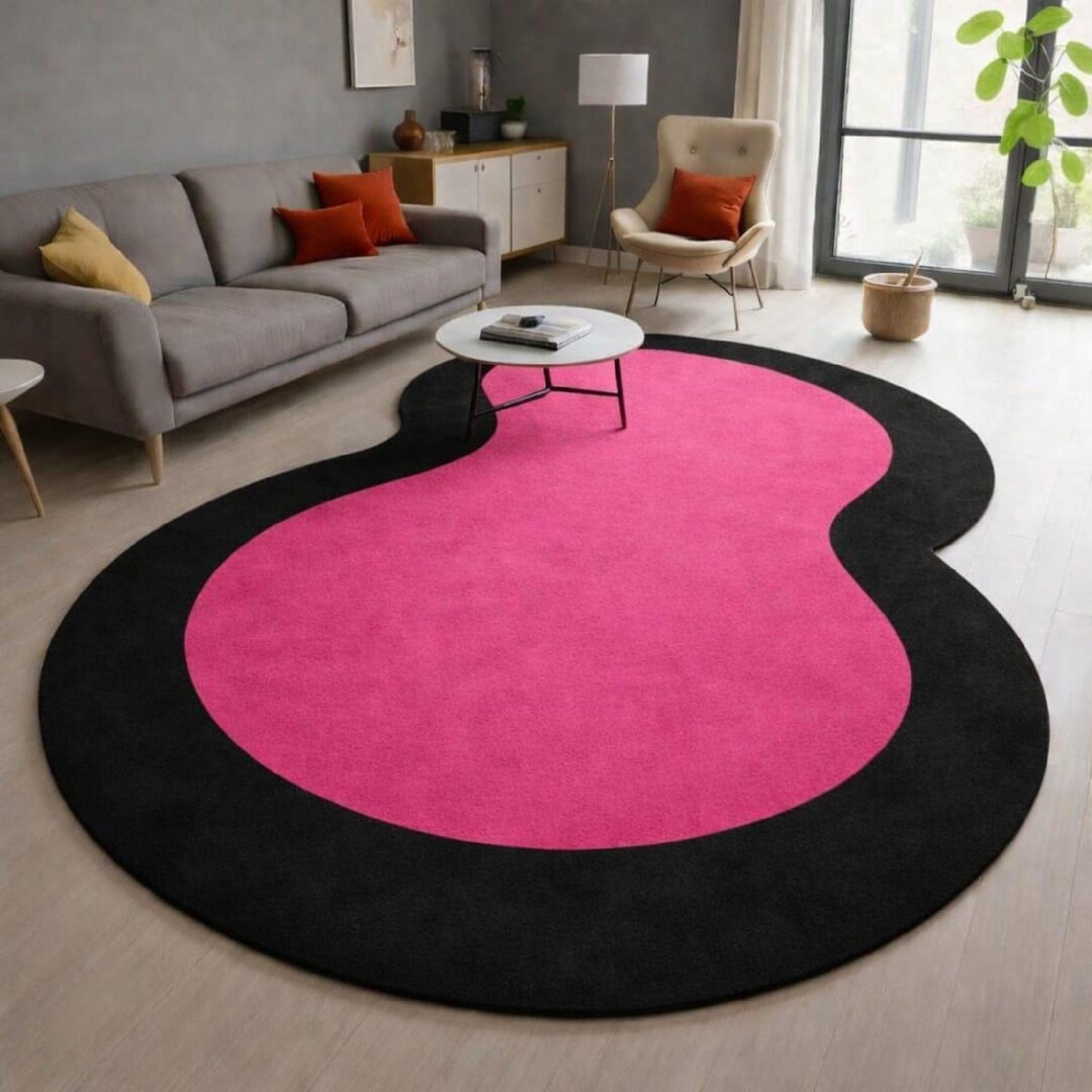 Abstract Area Rug Modern Pink and Black Curvy Rug, Unique Shaped ...