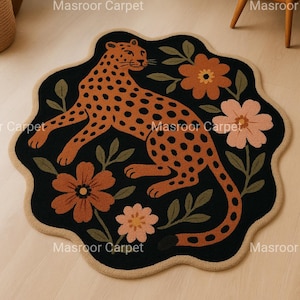 Leopard Rug Floral Wool Rug 6x6 8x8 Hand Tufted Black Living Room Decor Unique Handmade Bedroom Rug Ani&#39;s Room
