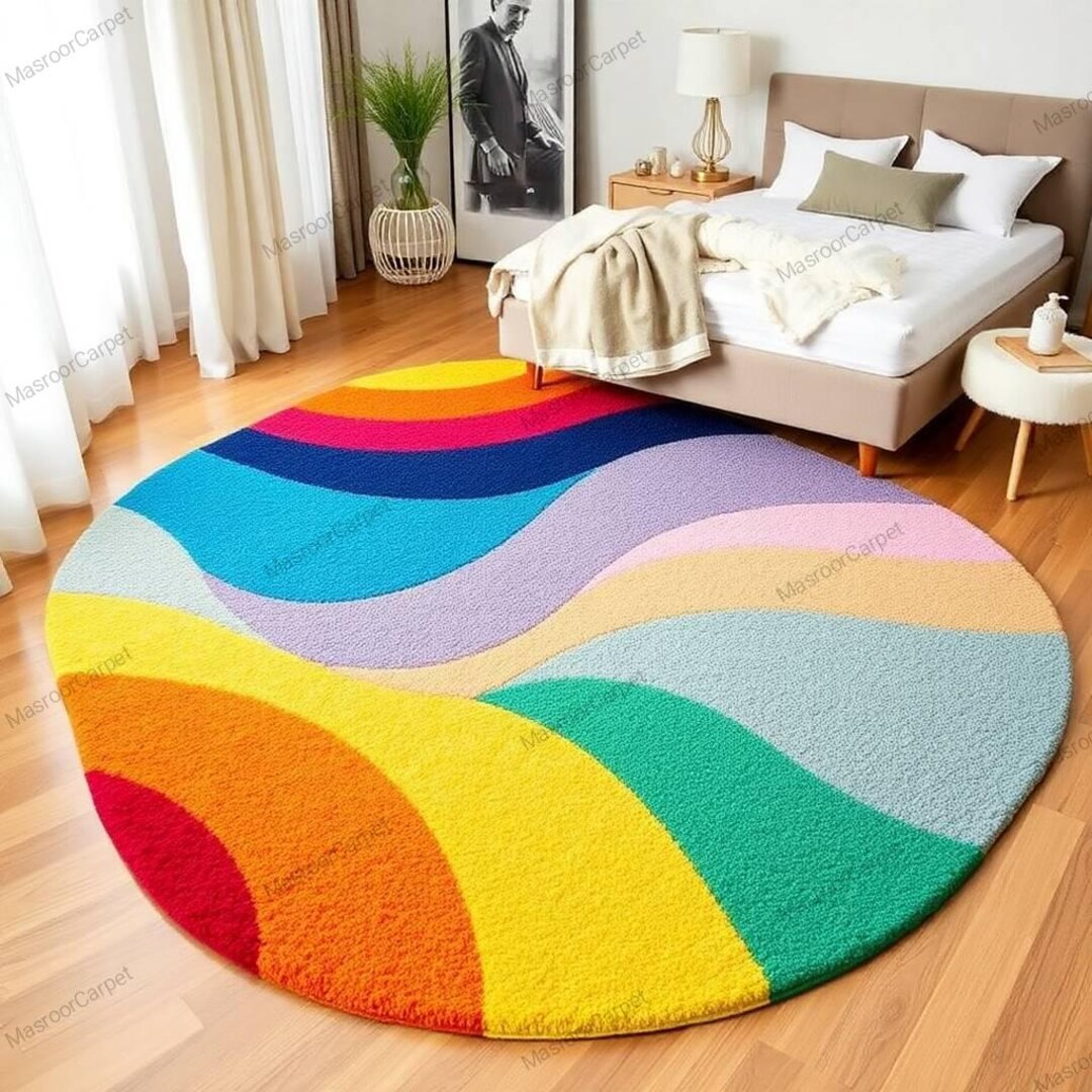 Yallow and Blue Rugs Rainbow Ripple Hand Tufted Round Area Rug for ...