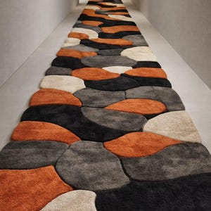 Handmade Wool Rug, Abstract Retro Rug, Orange Black Carpet, Wavy Pattern Rug, Hand Tufted Wool Rug, Living Room Rug Accentmasroor carpet