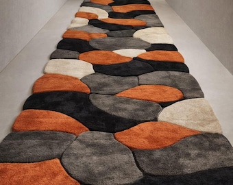 Handmade Wool Rug, Abstract Retro Rug, Orange Black Carpet, Wavy Pattern Rug, Hand Tufted Wool Rug, Living Room Rug Accentmasroor carpet