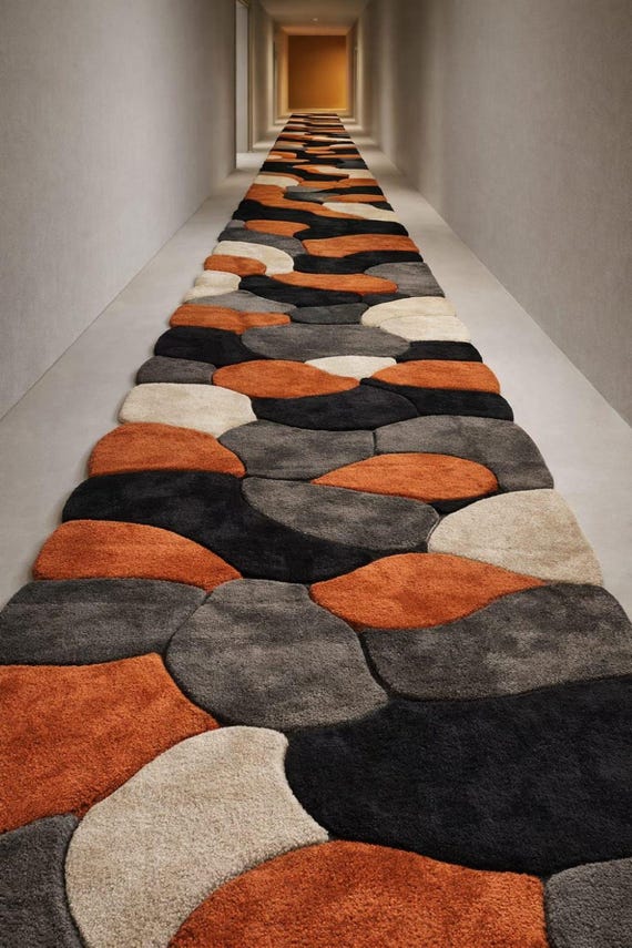 Handmade Wool Rug, Abstract Retro Rug, Orange Black Carpet, Wavy Pattern Rug, Hand Tufted Wool Rug, Living Room Rug Accentmasroor carpet