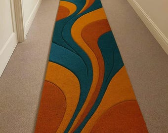 Runner Rug Wool, Blue Beige Rug, Melting Pattern Rug, Hand Tufted Layered Rugmasroor carpet