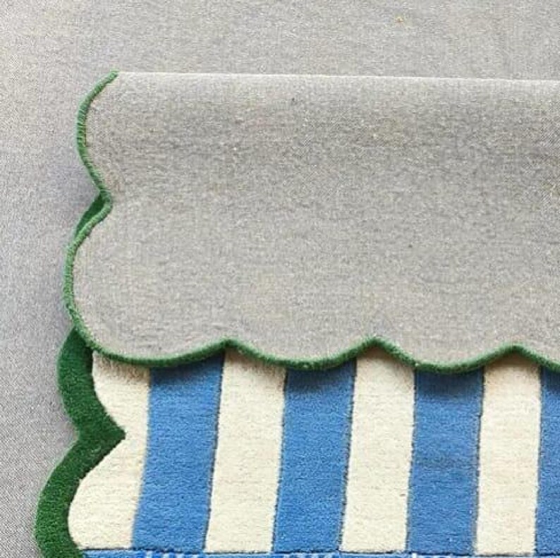 Handmade Blue & Ivory Checkered Runner Rug with Green Scalloped Edge – Modern Wool Hallway Runner, Kitchen Entryway Carpet, Custom Size Rug