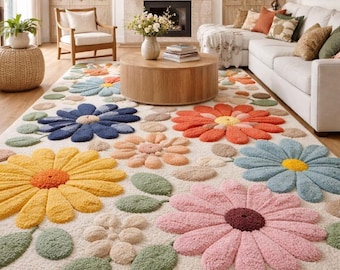 Daisy Flower Rug Colorful Tufted Floral Rug, Retro Flower Carpet, Kids Room Rug, Soft Plush Statement Area Rug, Cute Bedroom Decor