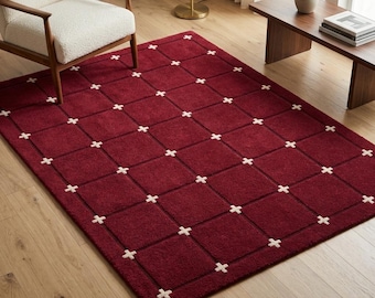 Bordeauxrood geometrisch wollen vloerkleed, handgemaakt en handgetuft vloerkleed, modern rasterpatroon, rood vloerkleed voor de woonkamer, eigentijdse woondecoratie