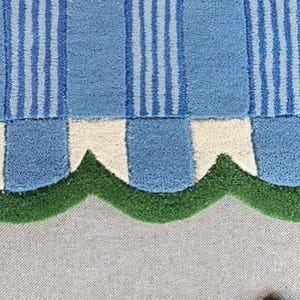 Handmade Blue & Ivory Checkered Runner Rug with Green Scalloped Edge – Modern Wool Hallway Runner, Kitchen Entryway Carpet, Custom Size Rug