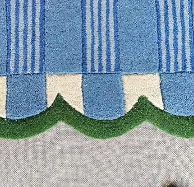 Handmade Blue & Ivory Checkered Runner Rug with Green Scalloped Edge – Modern Wool Hallway Runner, Kitchen Entryway Carpet, Custom Size Rug