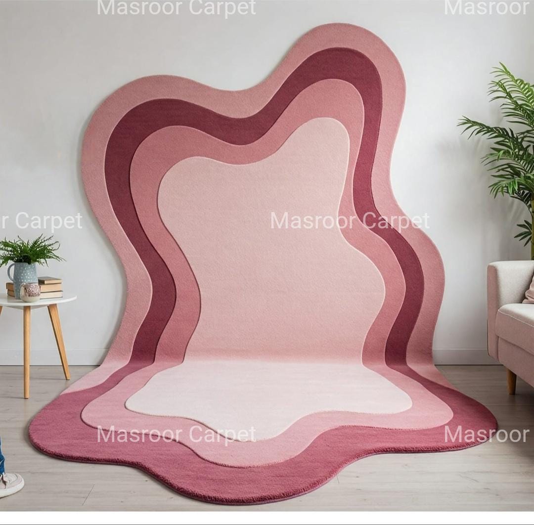 White Abstract Pattern Area Rug White Chrome Heart Irregular Shape Multicolor Hand-tufted Wool Rug Wavy ...