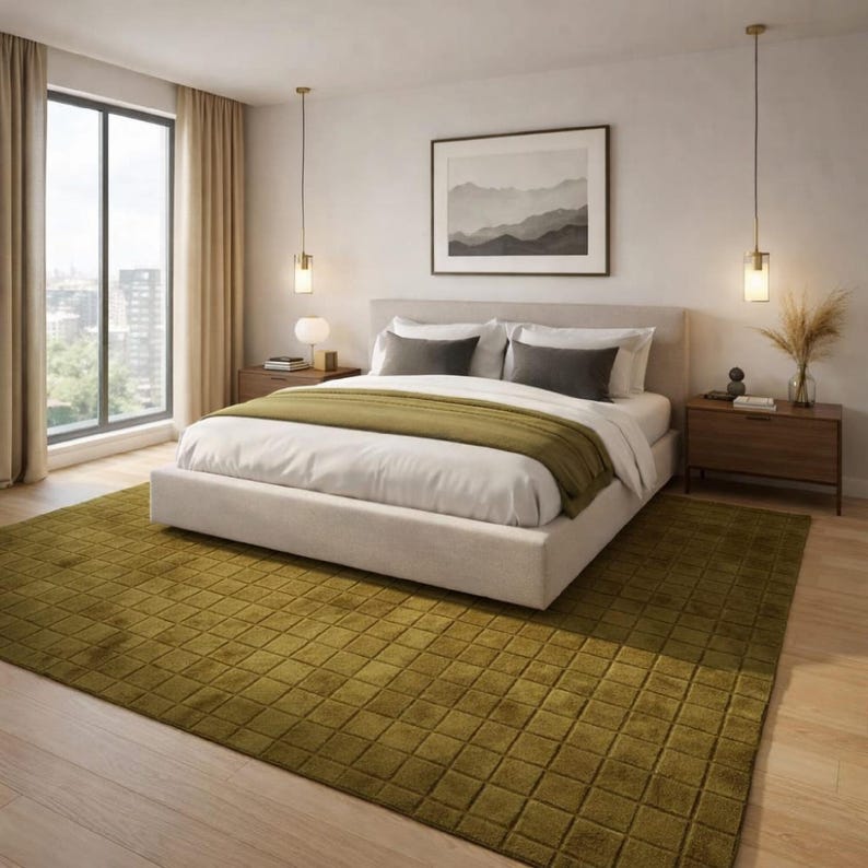 Hand Tufted Wool Rug, Modern Grid Pattern, Olive Green Area Rug ...