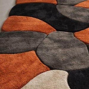 Handmade Wool Rug, Abstract Retro Rug, Orange Black Carpet, Wavy Pattern Rug, Hand Tufted Wool Rug, Living Room Rug Accentmasroor carpet