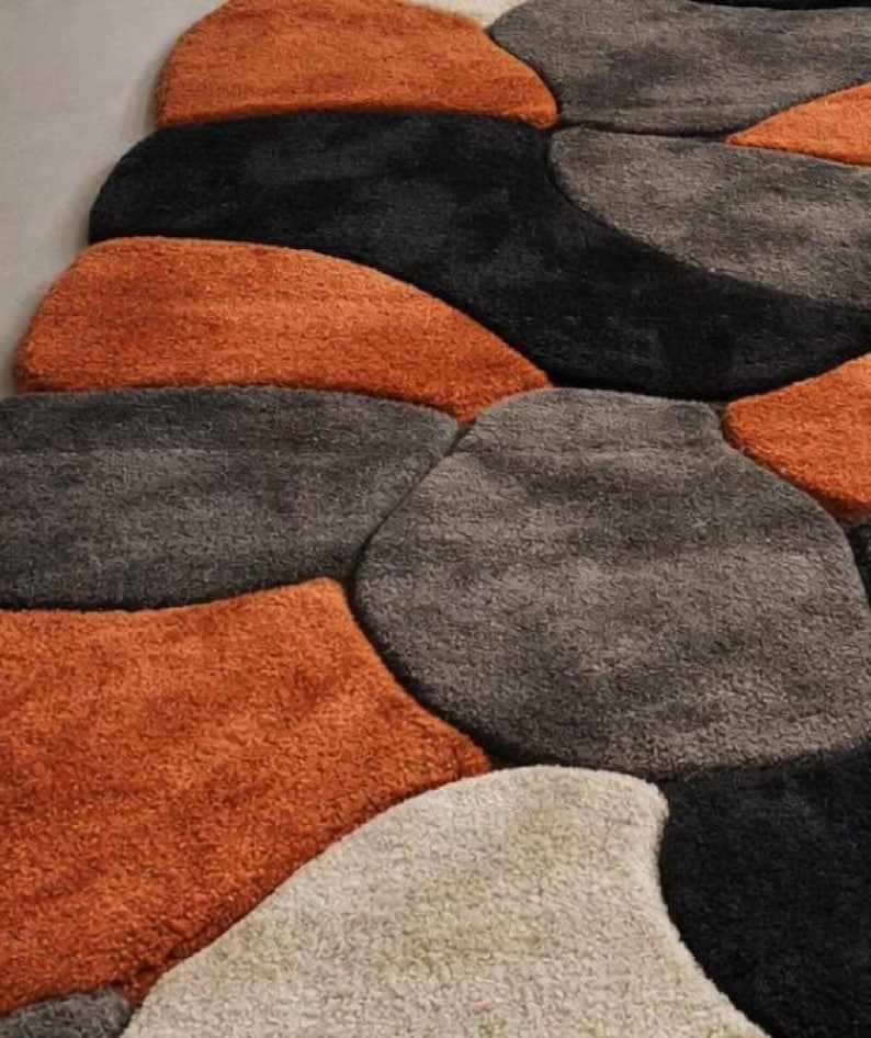 Handmade Wool Rug, Abstract Retro Rug, Orange Black Carpet, Wavy Pattern Rug, Hand Tufted Wool Rug, Living Room Rug Accentmasroor carpet