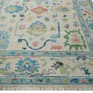 Turkish Oushak Wool Area Rug in Blue Hand-Knotted Design for Living Room, 6 x 9 x 8 x 10 x 12 x 9 Feet, Floral Symphony, Ivory Light Carpet