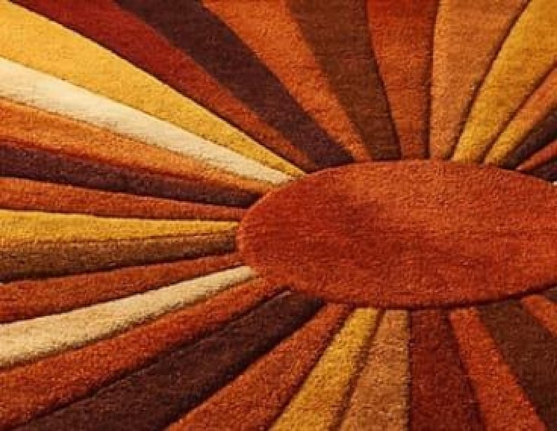 Sunburst Rug Mid Century Retro Area Rug, Handmade Wool Orange Brown Geometric Rug, Modern Area Rug For Living Room, Bedroom Carpet Decor