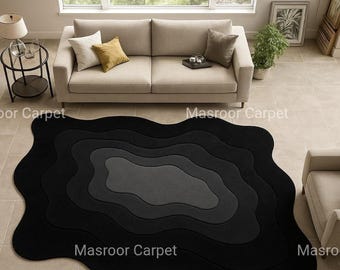 9x12 Tufted area rug Black Rug Modern Layered Wave Rug Handmade Shades of Gray and Black: Contemporary Organic Shape Rug with Gradient Rug