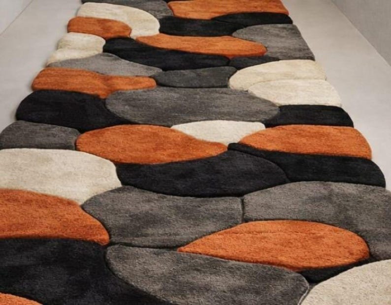 Handmade Wool Rug, Abstract Retro Rug, Orange Black Carpet, Wavy Pattern Rug, Hand Tufted Wool Rug, Living Room Rug Accentmasroor carpet
