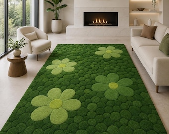 Moss Green Flower Rug, Tufted Botanical Area Rug, Soft Plush Moss Carpet, Nature Inspired Bedroom Rug, Handmade, Green Floral Decor Rug