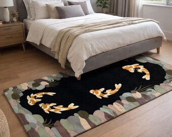 Moss Green Goldfish Pond Design runner Hand Tufted Wool Rug, Modern Abstract Amoeba Shape 3d Textured Living Room Rugs, Bedroom Area Rug