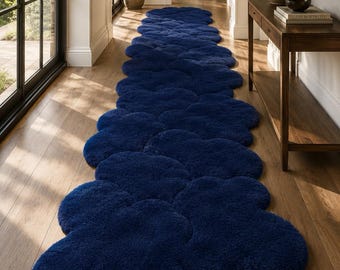 Modern Handmade Pebble Runner Rug, Navy Blue Wool Hall Runner, Hand Tufted Luxury Entryway Carpet