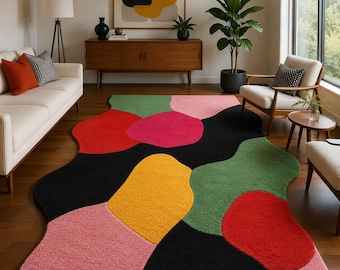 Alfombra de lana tejida a mano, líneas abstractas fluidas en negro y dorado, alfombra de diseño moderno, alfombra grande ecléctica, sala de estar contemporánea y colorida