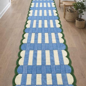 Handmade Blue & Ivory Checkered Runner Rug with Green Scalloped Edge – Modern Wool Hallway Runner, Kitchen Entryway Carpet, Custom Size Rug
