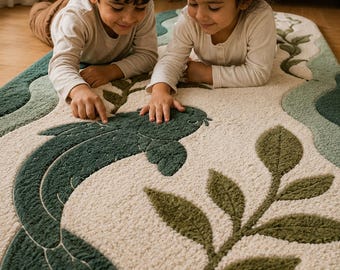 Handmade Koi Fish Runner Rug, Tufted Wool Wavy Hallway Carpet, Japanese Pond Aesthetic Area Rug, Irregular Shaped Green Cream Custom Rug