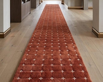 Modern Terracotta Runner Rug, Hallway Runner 3x10, Cross Pattern Carpet, Rust Hall Rug, Boho Hand Tufted Wool Runner, Entryway Decor