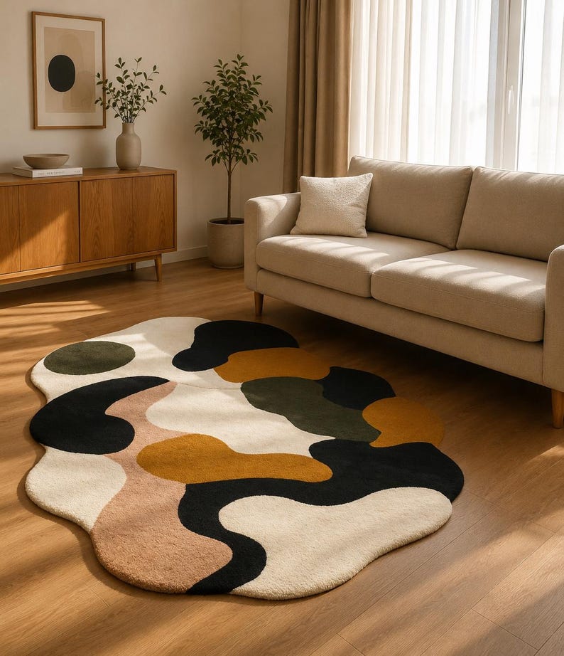 May include: A modern area rug with an abstract design. The rug features a cream-colored base with large, irregular shapes in black, olive green, mustard yellow, and tan. The rug is placed on a hardwood floor in a living room setting.