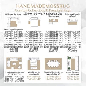 May include: A rug size guide chart titled HANDMADEMOSSRUG Curated Collections & Premium Rugs 123 Home Style Ave., Design City. It displays floor plan diagrams for furniture arrangements and lists various rug dimensions in feet for different room types.
