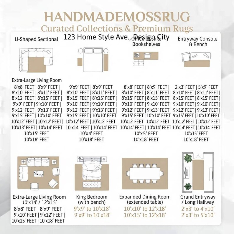 May include: A rug size guide chart titled HANDMADEMOSSRUG Curated Collections & Premium Rugs 123 Home Style Ave., Design City. It displays floor plan diagrams for furniture arrangements and lists various rug dimensions in feet for different room types.
