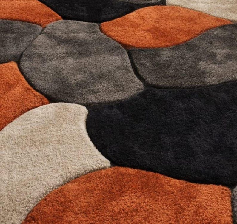 Handmade Wool Rug, Abstract Retro Rug, Orange Black Carpet, Wavy Pattern Rug, Hand Tufted Wool Rug, Living Room Rug Accentmasroor carpet