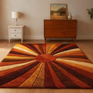 Sunburst Rug Mid Century Retro Area Rug, Handmade Wool Orange Brown Geometric Rug, Modern Area Rug For Living Room, Bedroom Carpet Decor