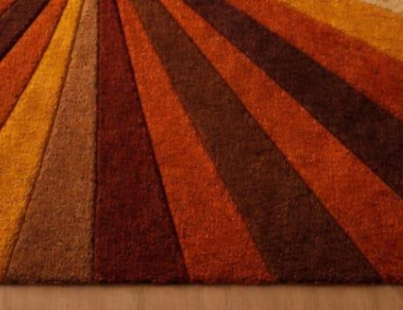 Sunburst Rug Mid Century Retro Area Rug, Handmade Wool Orange Brown Geometric Rug, Modern Area Rug For Living Room, Bedroom Carpet Decor