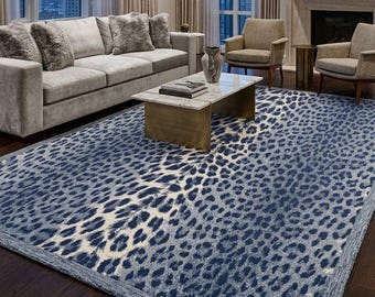 Handmade Blue Leopard Rug, Modern Animal Print Area Rug, Navy Ivory Living Room Carpet, Contemporary Luxe Wool Rug, Custom Size Option