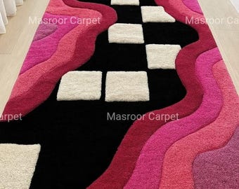 Hot Pink Rug Checkerboard Runner, Luxury Wool Carpet, Hand Tufted Hallway Decor Rugmasroor carpet