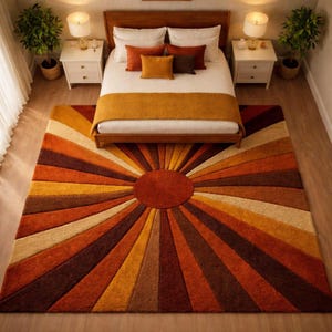 Sunburst Rug Mid Century Retro Area Rug, Handmade Wool Orange Brown Geometric Rug, Modern Area Rug For Living Room, Bedroom Carpet Decor