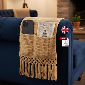 Sofa Caddy Crochet Pattern PDF, Couch Armrest Organizer Tutorial, Remote & Phone Holder Pattern, Easy Beginner Home Decor Crochet DIY