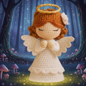 Pode incluir: Uma boneca de anjo de crochê feita à mão com olhos fechados, auréola e asas. A boneca tem cabelo ruivo e usa um vestido branco. O fundo é uma cena de floresta fantástica com luzes brilhantes e cogumelos.