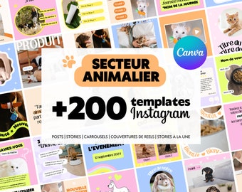 動物分野向けの Instagram テンプレート - 200 の Canva テンプレート、カラフルでカスタマイズ可能な動物モデル - フランス語 - 犬 - 猫