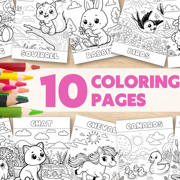 Coloriages animaux - Pages de coloriages pour enfants - Livre de coloriage enfant - Coloriage chien, chat, lapin, cheval, poney - Imprimable