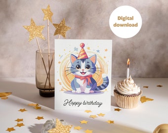猫の誕生日カード - デジタル ダウンロード カード - 子供、女の子、男の子用の誕生日カード - 彼女用、彼用のカード - かわいい猫 - 猫のイラスト