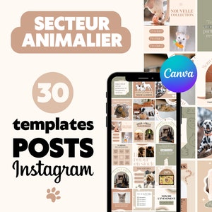 Peut inclure: Une collection de 30 modèles de publications Instagram pour les entreprises d'animaux de compagnie. Les modèles présentent une variété d'images de chiens et de chats, ainsi que des zones de texte pour les descriptions de produits, les promotions et les appels à l'action. Les modèles sont conçus dans une palette de couleurs neutres beige, marron et vert.