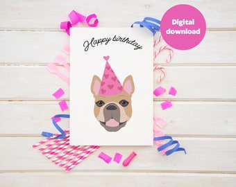 犬の誕生日カード - 子供用デジタル ダウンロード カード - 印刷可能 - ピンクの誕生日カード - 直前のギフトのアイデア - かわいい犬 - フレンチ ブルドッグ