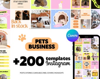 ペット ビジネス向け Instagram テンプレート - カスタマイズ可能な 200 の Canva テンプレート - ソシア メディア テンプレート - ペット業界 - ペット愛好家 - 犬 - 猫