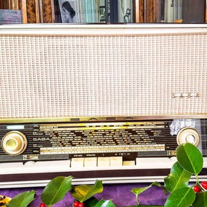 May include: Vintage cream-colored radio with a grid speaker cover and a dark brown base. A bottle of red wine with a black and yellow label sits to the right. Green leaves and berries are in the foreground.