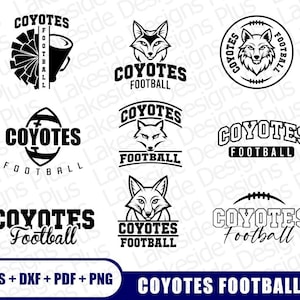 May include: A collection of black and white Coyote football-themed designs. The designs include text and graphics of a coyote, footballs, and the words "COYOTES FOOTBALL". The bundle includes 15 SVG, EPS, DXF, PDF, and PNG files.
