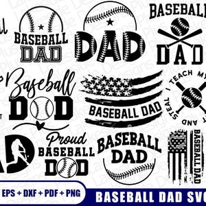 Puede incluir: Un conjunto de 15 archivos de corte SVG en blanco y negro con diseños de temática de béisbol con el texto "Baseball Dad".