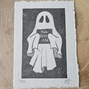 Your Boo-tiful - Limited Edition Art Print on Handmade Paper, Ghost Print, Linocut Art Print, Dark Art, Mini Print, 4x6 Print, Valentines