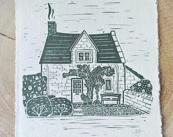 Custom House Portrait, Hand-Drawn Lino Print Style Illustration, New Home Gift