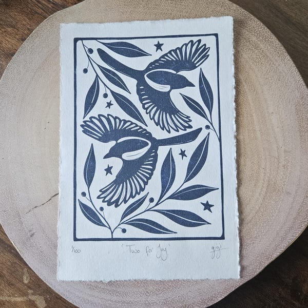 Magpie Lino Cut Art Print: Signed Limited Edition A5 Wall Decor